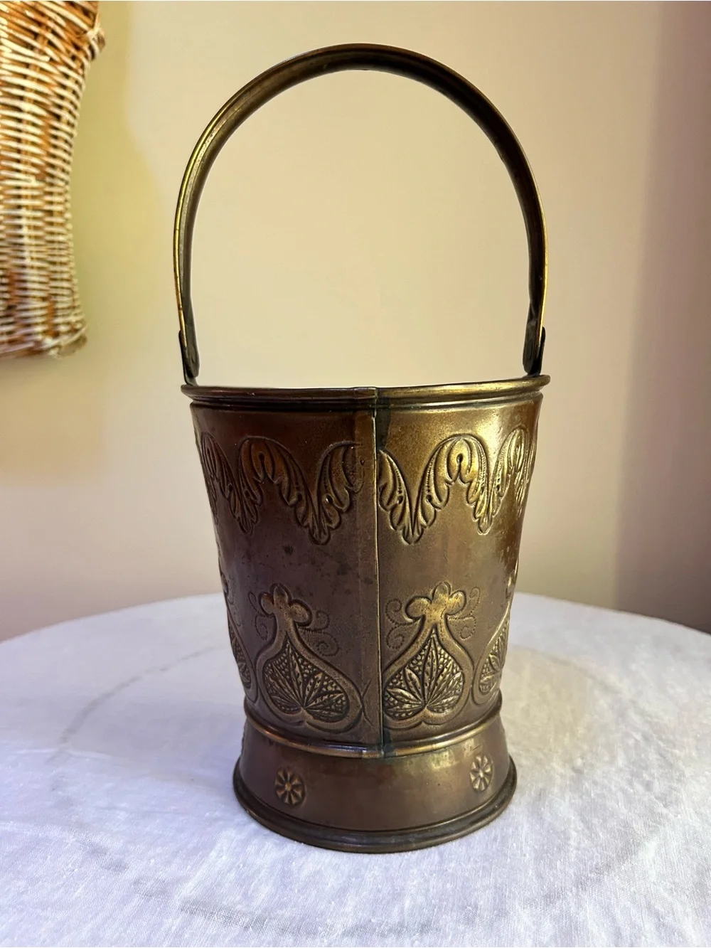 Vintage Mid-Century Embossed Brass Coal Bucket